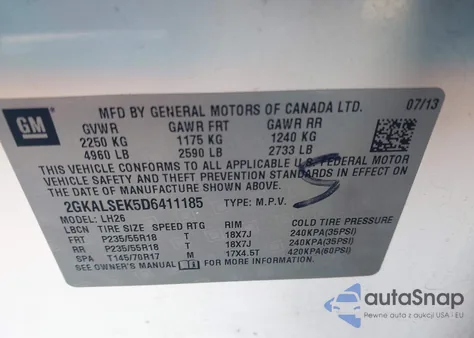 2013 GMC Terrain Sle-2 z USA, uszkodzony, nr VIN 2GKALSEK5D6411185